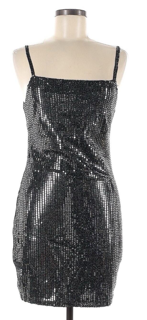 Aqua Silver Gray Black Sequined Sleeveless Mini Party Bodycon Dress Medium